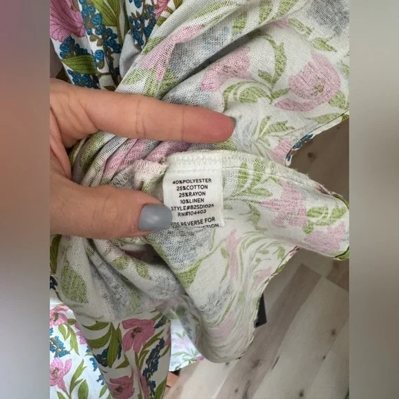 Linen floral block print babydoll mini dress ruffle pyjama square neck flutter - Picture 13 of 14